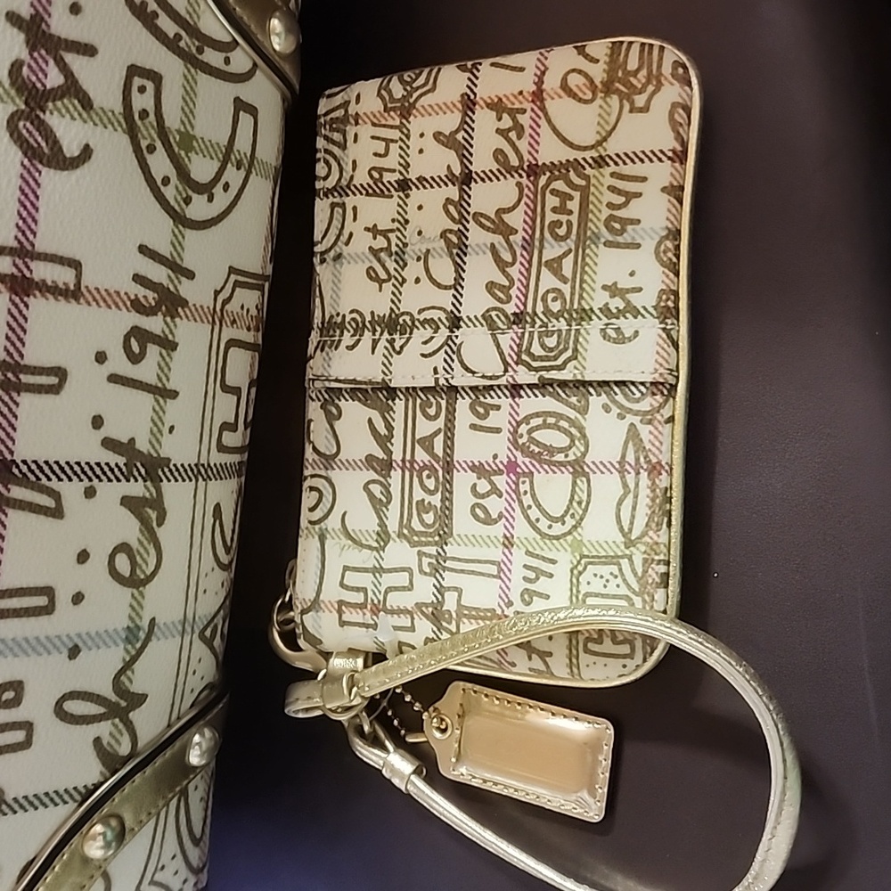 Coach Heritage Tattersall Graffiti 2 Fer  Golden Tote Bag & Matching Wristlet - Picture 14 of 16